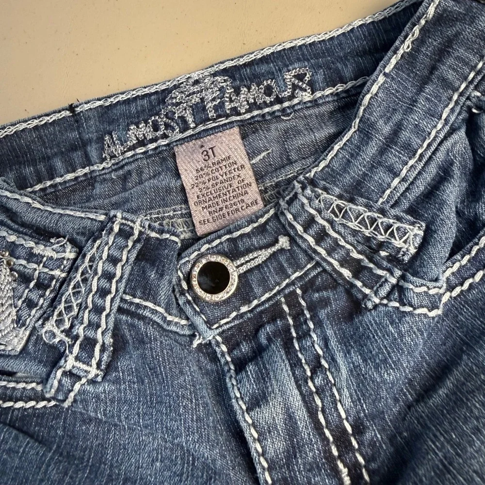 Almost Famous Jeans Girls 3T Blue Dark Wash Thick Stitch Rhinestone Pockets Y2K